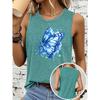 Blue Ink Wash Butterfly Print Women Sleeveless Vest Round Neck Skin Friendly Medium Elastic Casual Daily Tank Top