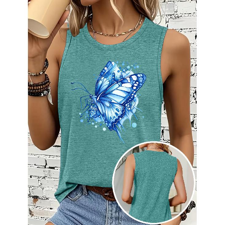 Blue Ink Wash Butterfly Print Women Sleeveless Vest Round Neck Skin Friendly Medium Elastic Casual Daily Tank Top