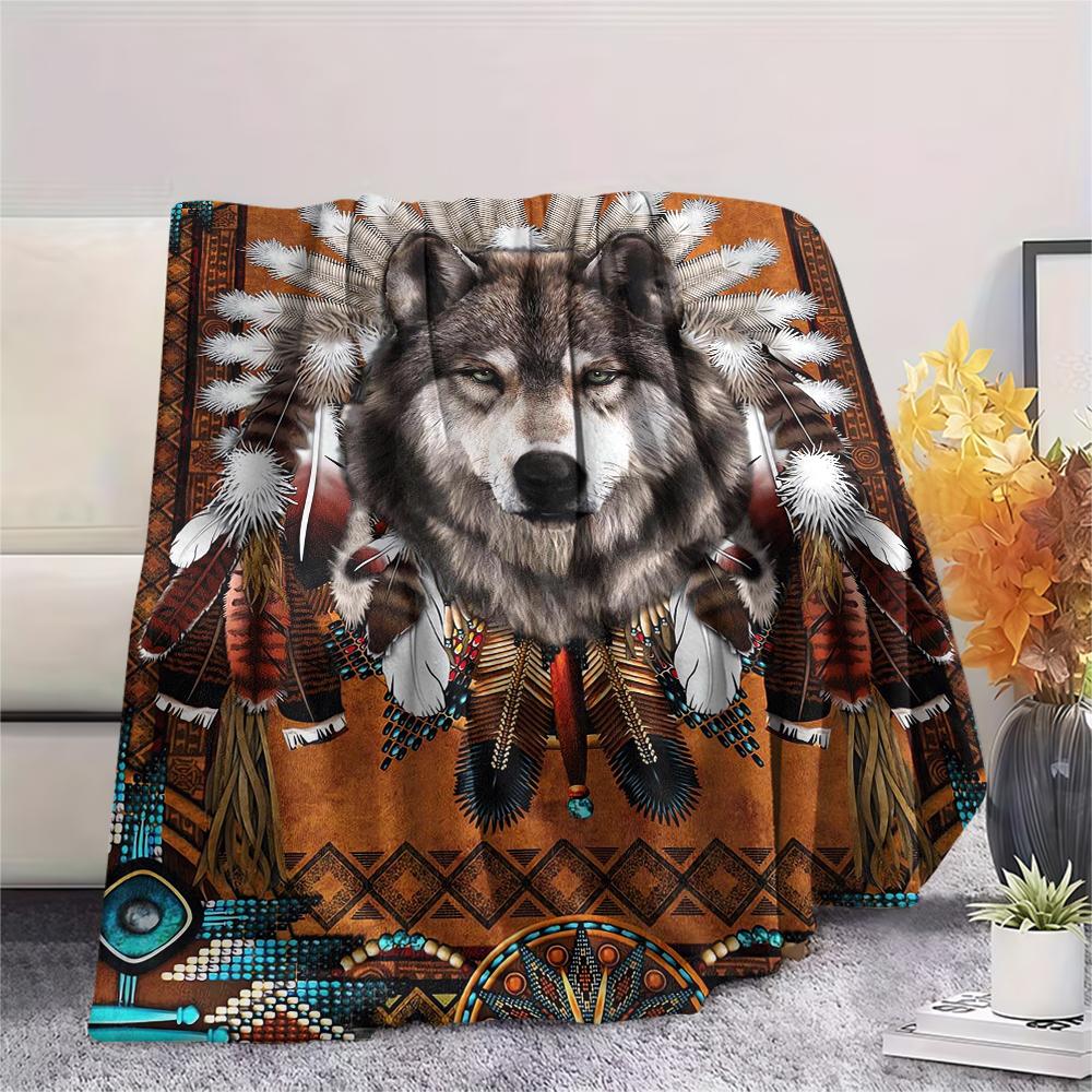 1Pc Indian Wolf Print Flannel Blanket, High quality Comfortable for All Seasons, Home Decor, Warmth and Comfort, Perfect for Christmas Gifts
