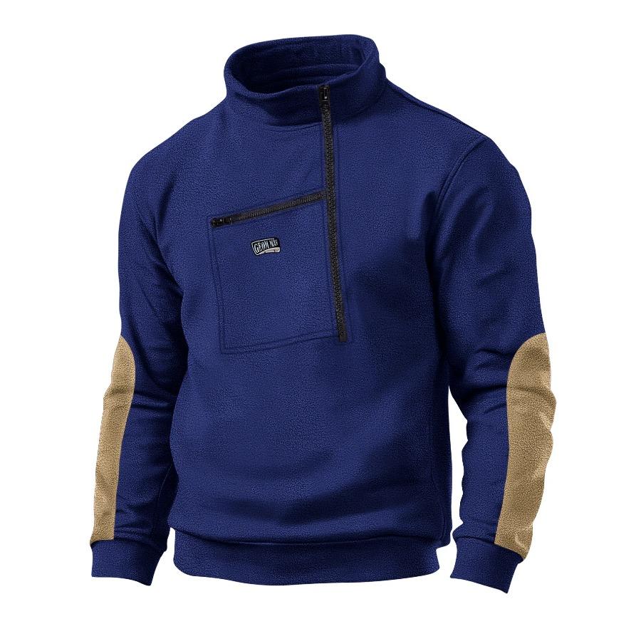 Men's Autumn and Winter Casual Winter Fleece Stand Collar Half Zip Long Sleeve Tactical Pocket Embroidered Hoodie Jumper