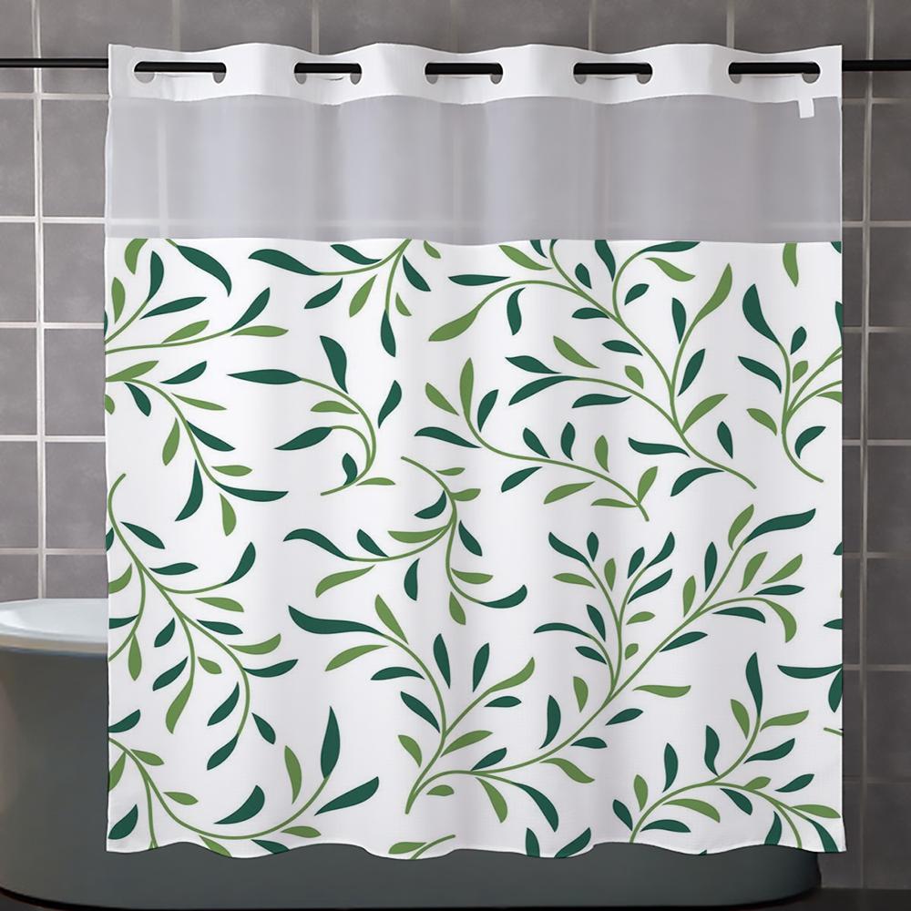 No Hook Green Leave Pattern Shower Curtain With Snap-In Fabric Liner, Sheer Top Window, Waterproof Double Layer Bathtub Curtain