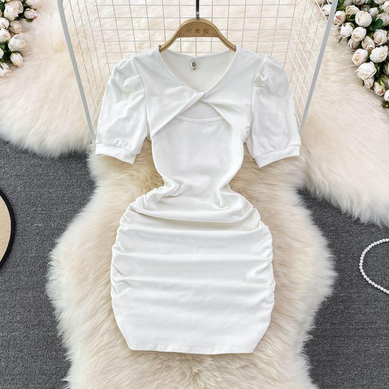 

Лето 2024 Новое поступление Французский стиль V-образный вырез Вырез на груди Короткий рукав Сексуальное Платье мини с высокой талией и облегающим бедра силуэтом White One size