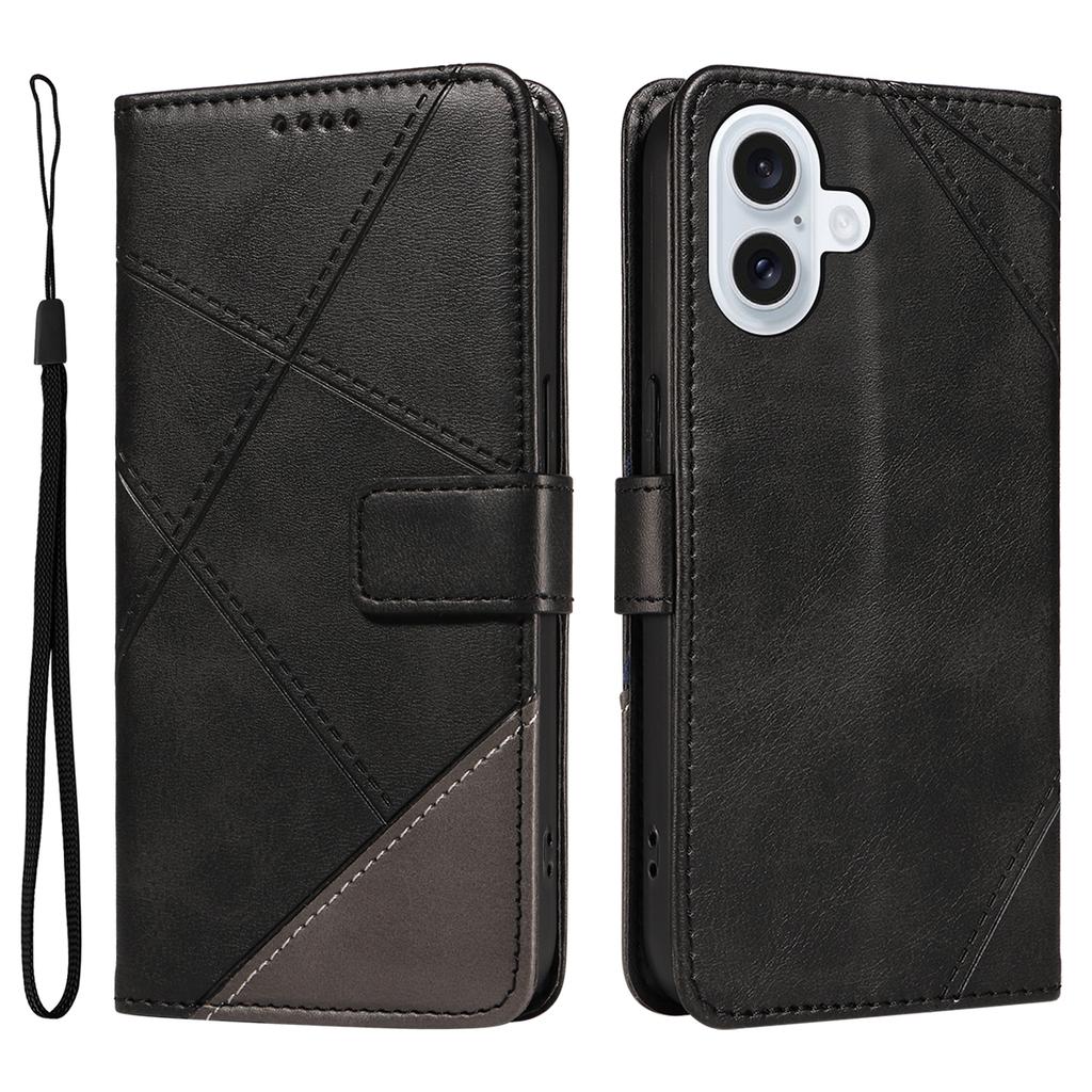 For iPhone 17 Leather Case Geometric Line Design Wallet Phone Cover with Wrist Strap