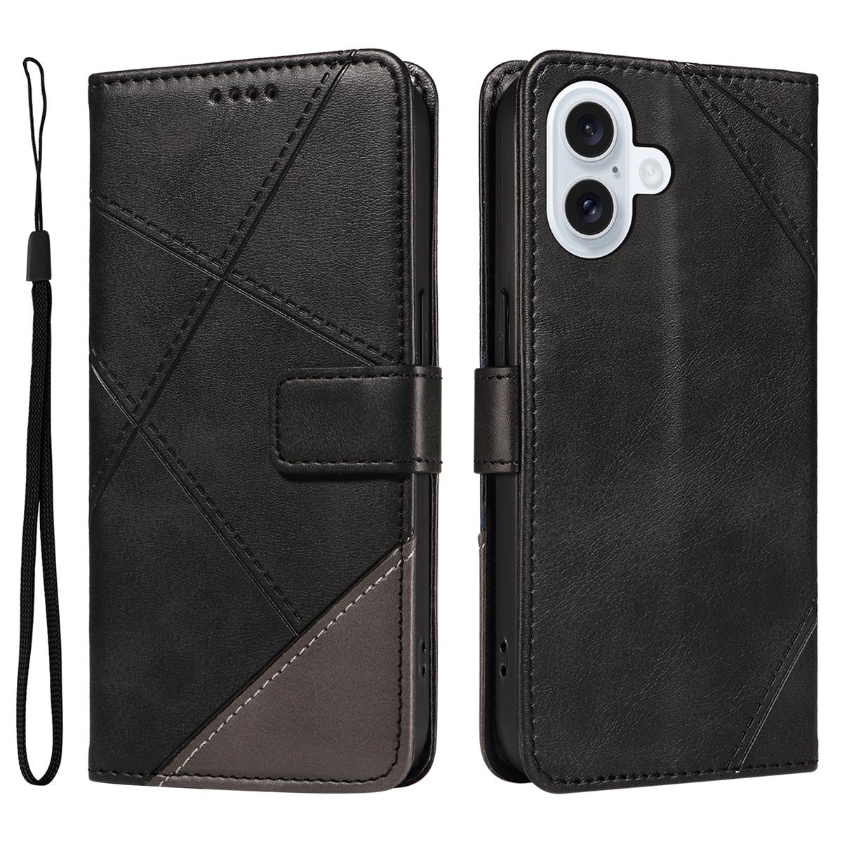 For iPhone 17 Leather Case Geometric Line Design Wallet Phone Cover with Wrist Strap B