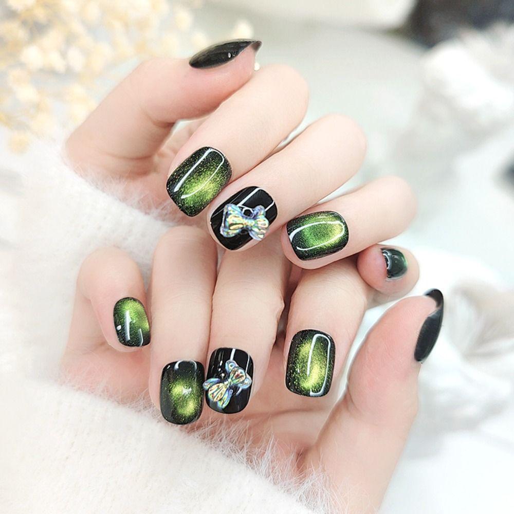 24PCS Cat Eye Fake Nails Glitter Artficial Nails Reusable Stick on Nails  DIY Manicure Art