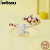 WOSTU 925 Sterling Silver Lucky KOI Fish Open Ring Red Fish Tail Stud Earrings Unique Birthday Jewelry Gift For mom Lover Girl