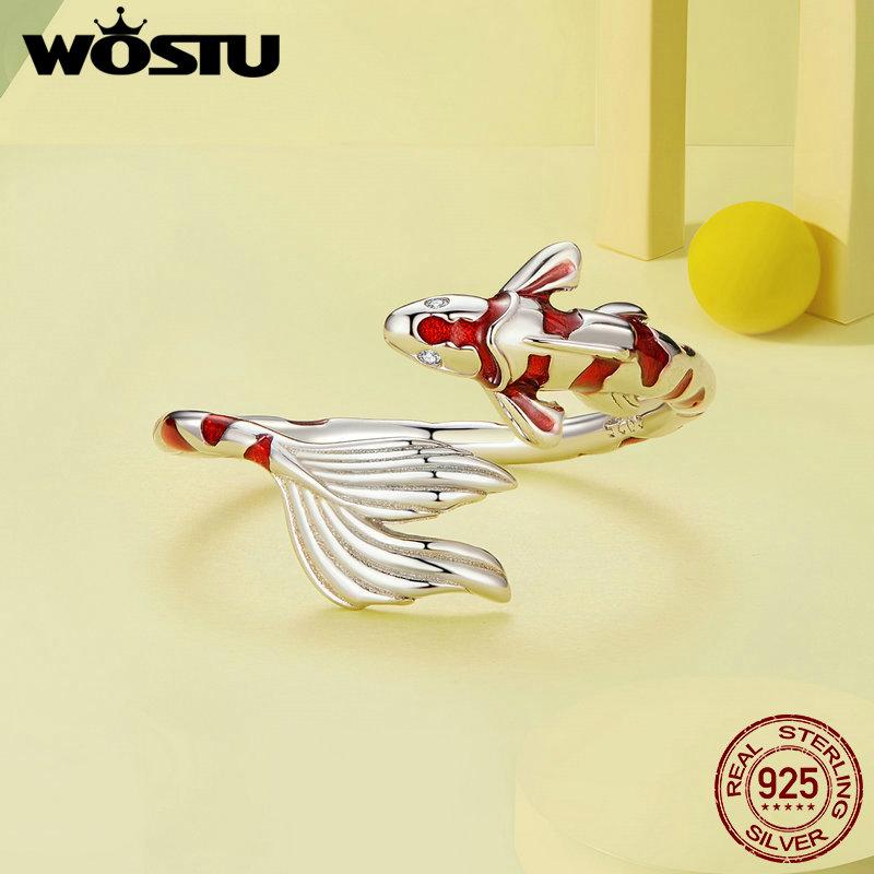 WOSTU 925 Sterling Silver Lucky KOI Fish Open Ring Red Fish Tail Stud Earrings Unique Birthday Jewelry Gift For mom Lover Girl
