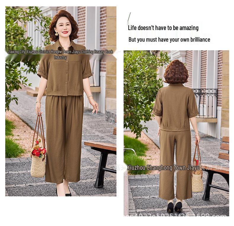 2026 Mom's Summer Fashion: Short-Sleeved Shirt & Wide-Leg Pants Set for Middle-Aged and Elderly Women