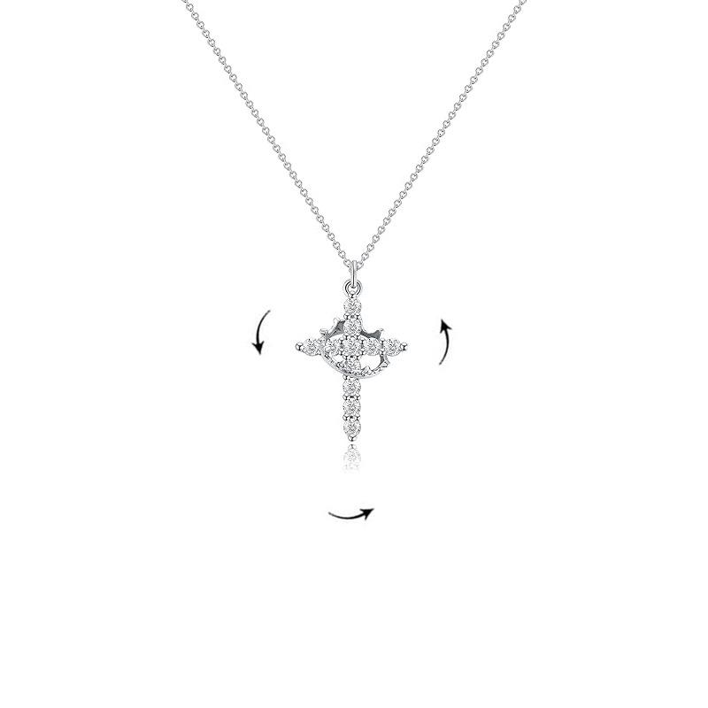 Rotatable Stainless Steel Crown Cross Pendant Necklace with Zirconia
