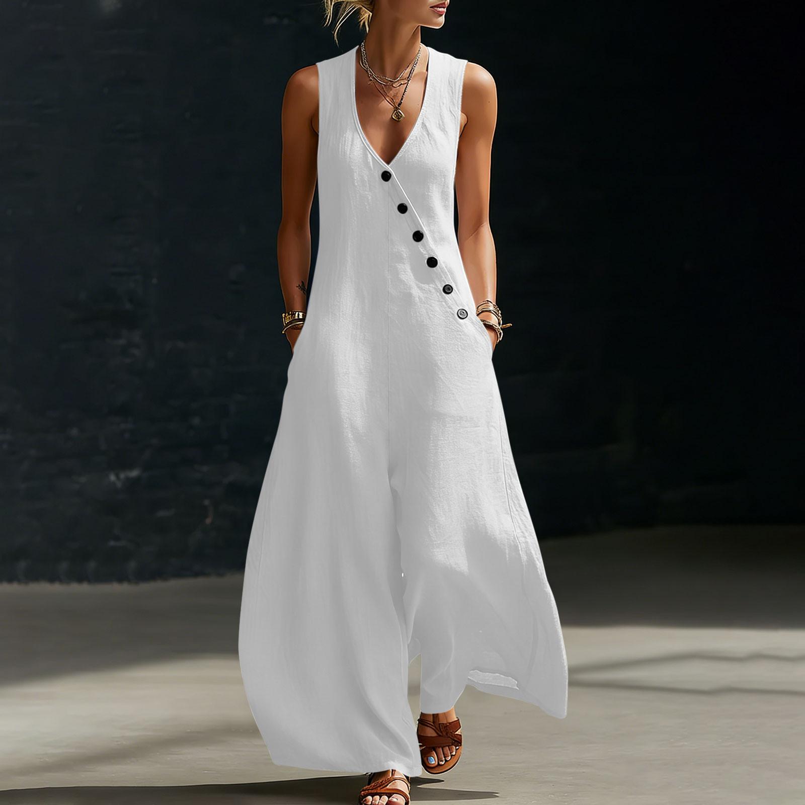 

Sleeveless Wide Leg Jumpsuit for Women V Neck Linen Overalls Button Down Casual Loose Fit Summer Playsuit Romper L білий