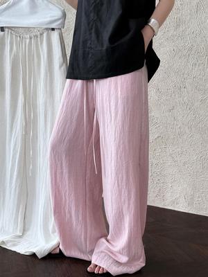 LUXI Women's Tencel Linen Elastic Waist Wide-Leg Summer Pants