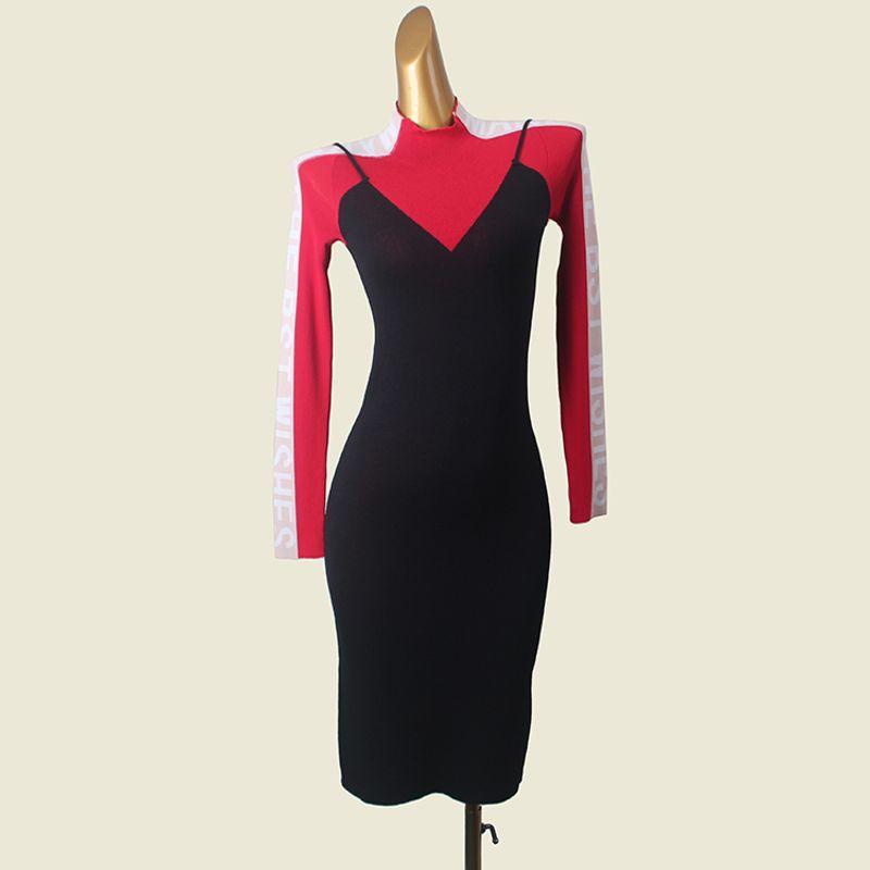 

Ujia Color Matching Small Stand Collar False Two-Piece Suit Autumn New Arrival English Letters Embroidered Slim Sheath Long Sleeves Dress Black Red M