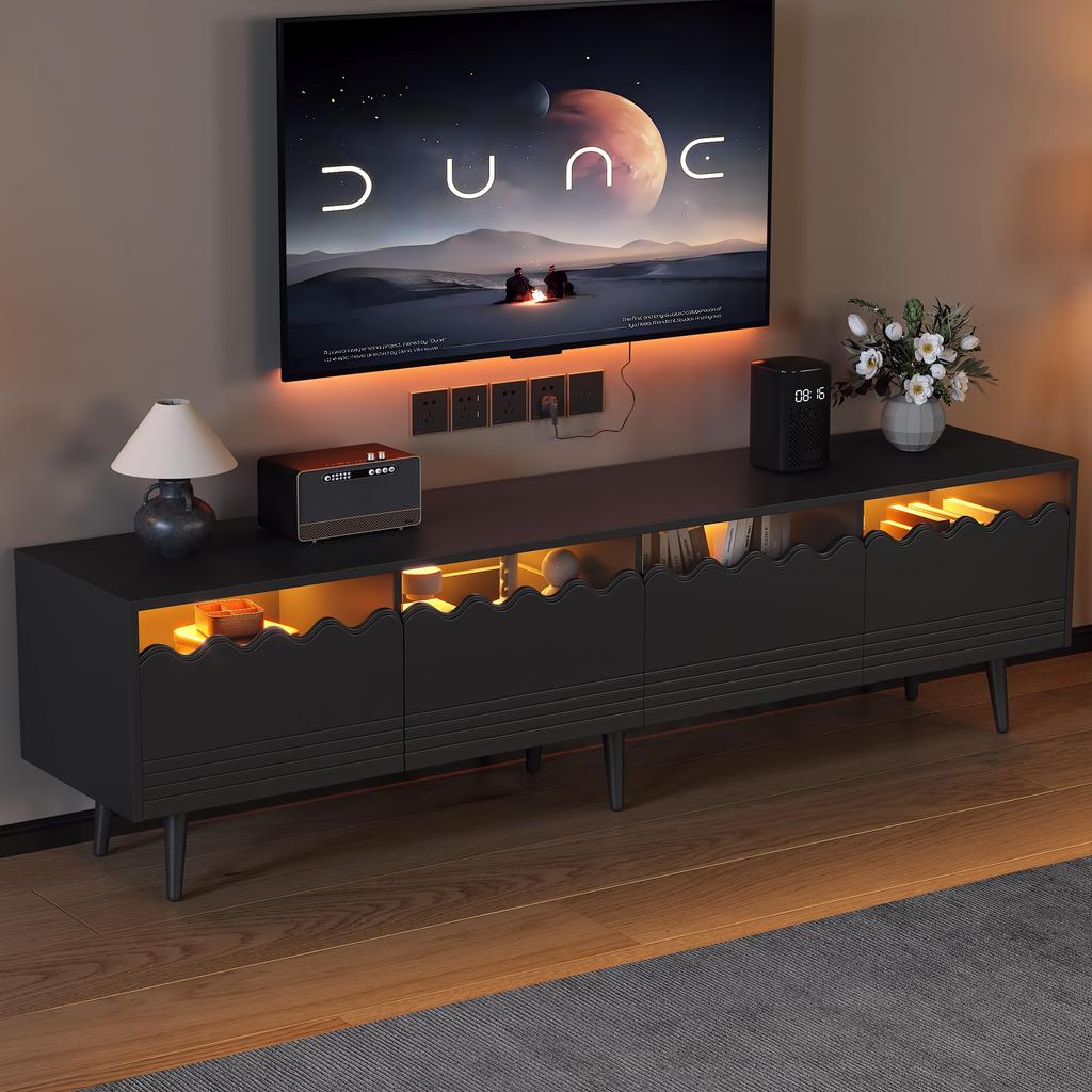 TV Schrank LED-Beleuchtung, Modern für 60/65/70 Zoll, 4 Türen, Glasböden, TV Möbel Weiß & Grau, Wohnzimmer Schlafzimmer