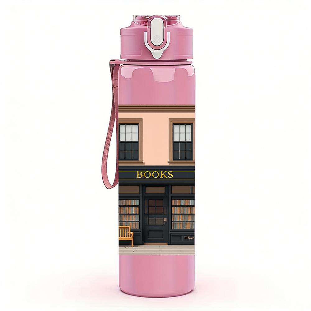 1PC Vintage Street Shop Facade 750ml Color Plastic Sports Water Bottle Leakproof Flip Straw Lid For Sports Office Home Use