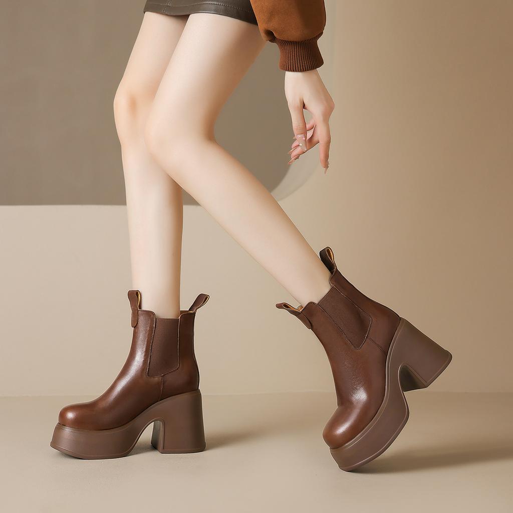 Leather Velvet Platform Martin Boots Women's Boots 2025 Autumn and Winter New Super High Heels Elastic Band Round Head Short Boots Women