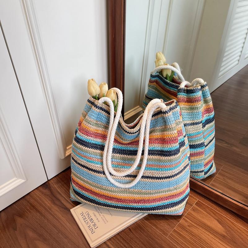 Seaside Vacation Straw Woven Bag Women's Large Capacity Rainbow Tote Bag Travel Commuter Shoulder Bag