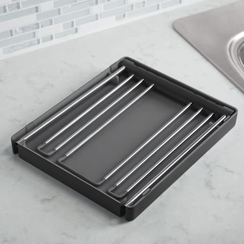 KOHLER Folding Wire Glass Holder or Drying Rack, Folds Up to 1.25 Inches, Holds Up to 6 Glasses, Charcoal
