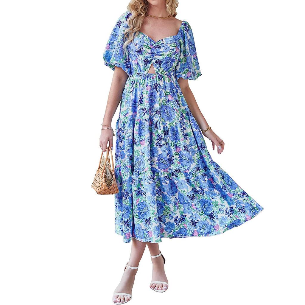 Women's Fashion Floral Square Collar High Waist Hollow Bubble Short-sleeved Back Pleated Printed Dress