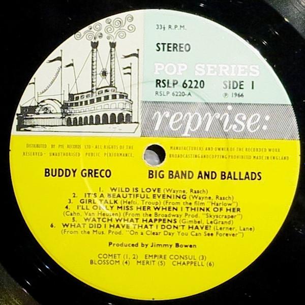 

LP Record BUDDY GRECO - Big Band & Ballads RSLP6220 Reprise Records 1966 UK Jazz Used