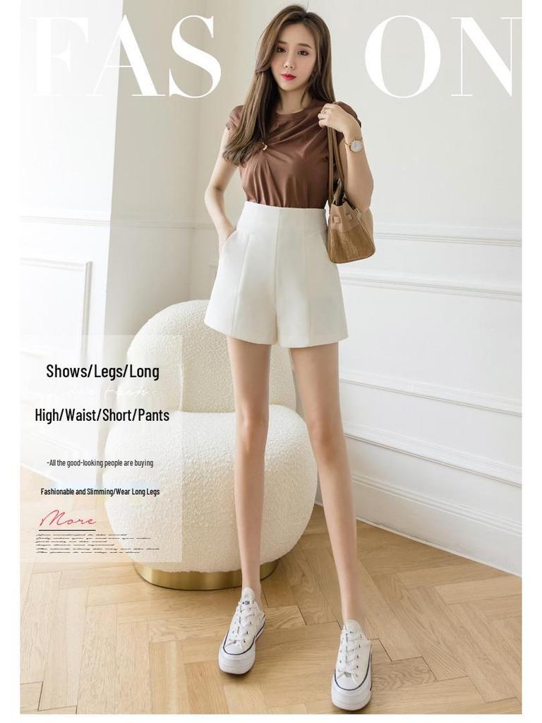 Summer 2024 Women's High Waist White A-line Suit Shorts: Loose, Casual Wide-Leg Design