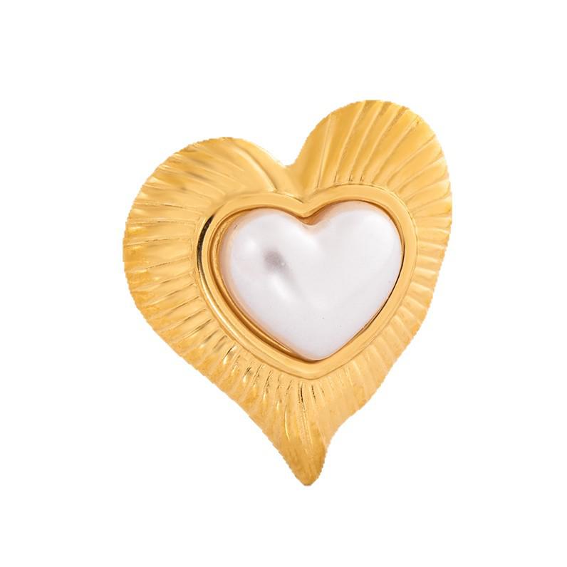 Heart-shaped Titanium Steel Pearl Open Ring with Vacuum Electroplating Finish