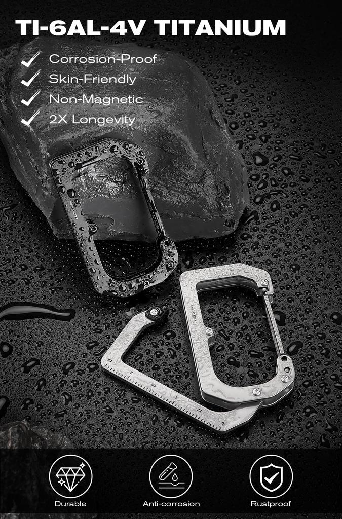 KEEPO LINK 3-w-1 Tytanowy Karabińczyk EDC Brelok Klips z Funkcją Pomiaru i Składanym Haczykiem na Torbę 180° (Użytkowanie na zewnątrz) OLL01 (czarny)