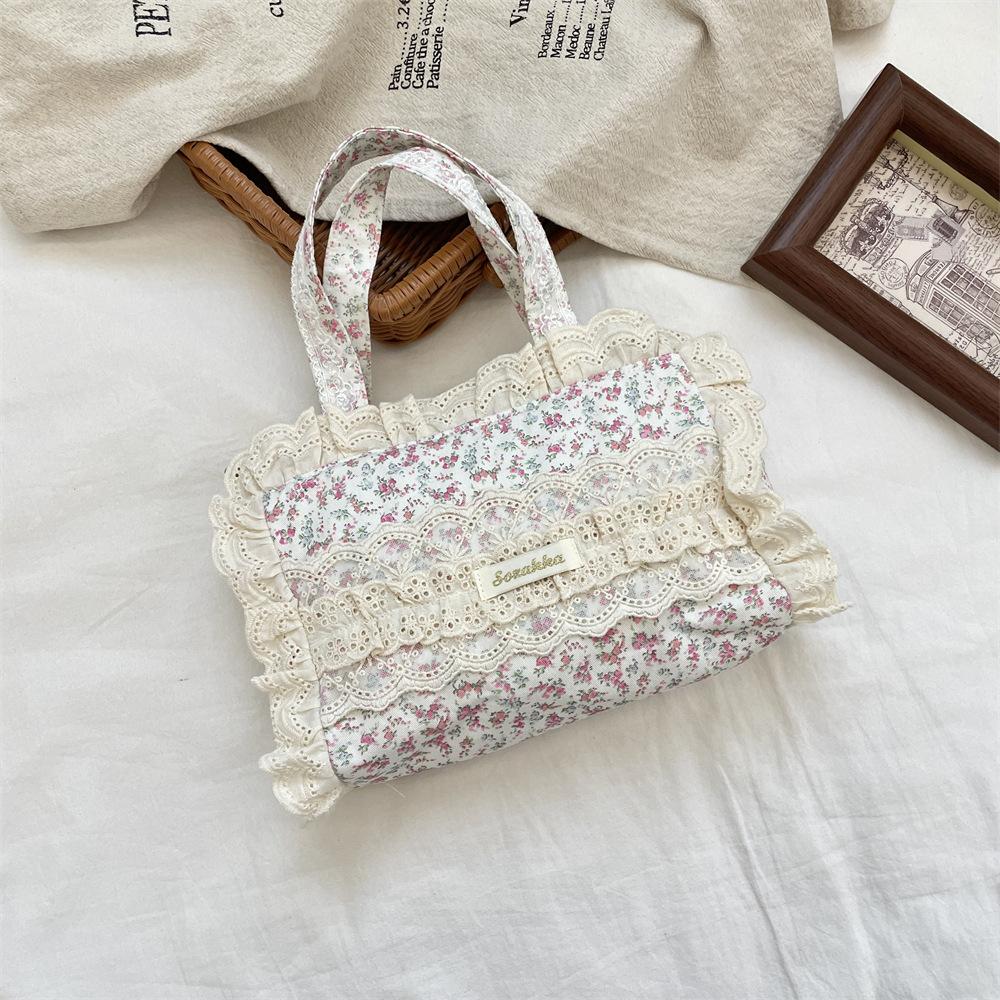 Lace broken flower canvas bag women's new fashion casual commuter tote bag lace edge handbag