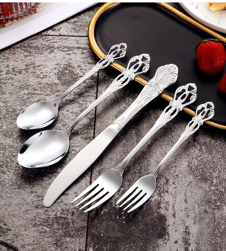 Royal Court 24-Piece Stainless Steel Cutlery Set - Embossed Hollow Steak Knives, Forks, and Spoons