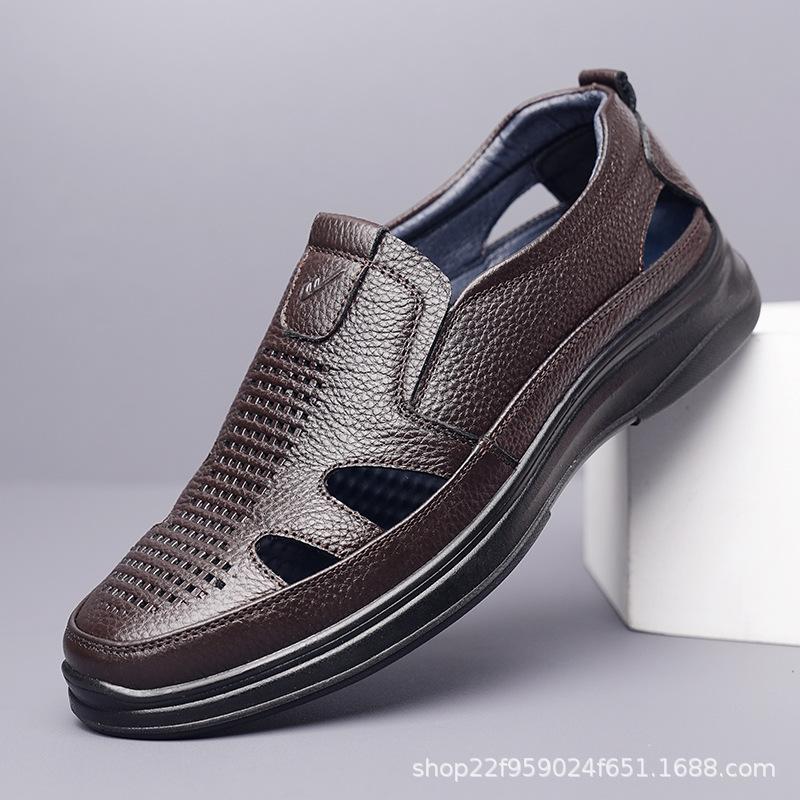 

Pull Back Sandals Men S Shoes Leather Hole Sandals Hollow Leather Shoes Men S Middle-Aged And Elderly Father Shoes 44
