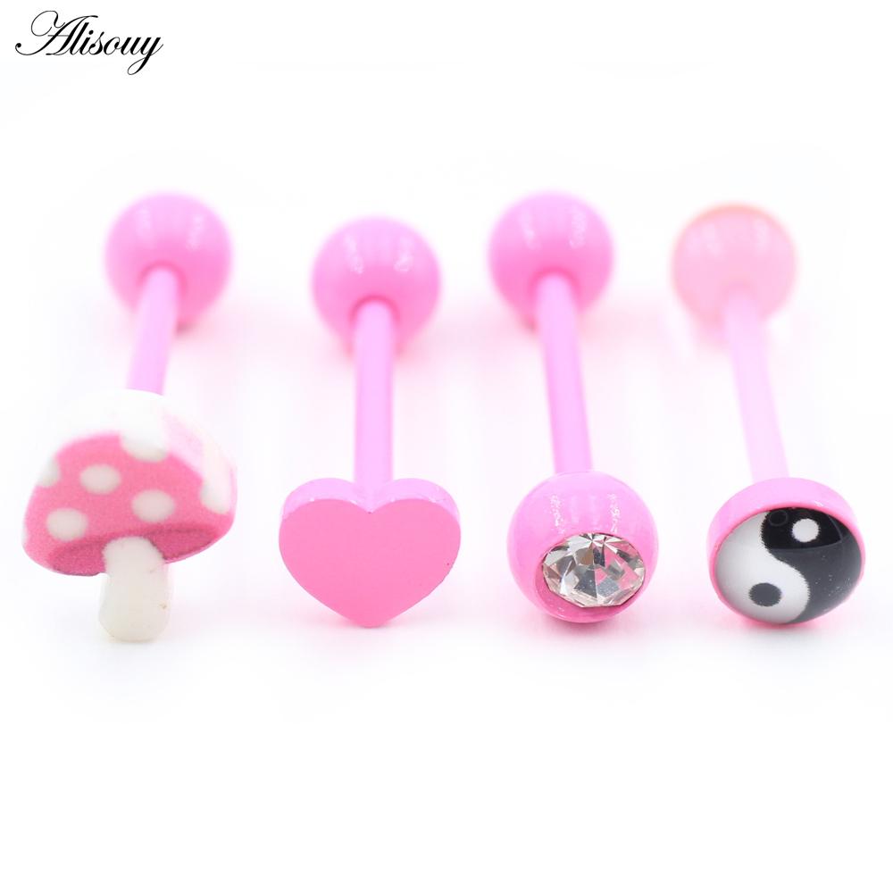 Alisouy 1PC Stainless Steel Ball Heart Star Acrylic Bear Mushroom Skull Tai Chi CZ Tongue Ring Ear Earring Piercing Body Jewelry