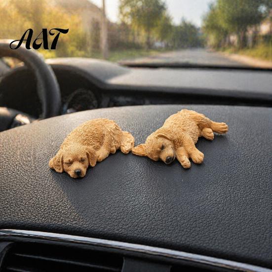 Small Dog Statue for Car Dashboard 2Pcs Sleeping Resin Figurine, Cute Puppy Decor Durable Ornament Women, Mini Calming Desk, Gift Lovers Center