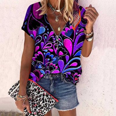 Women's Top Summer New Fashion Rose Flower Leaf Pattern Printed Casual Zipper V-neck Short Sleeve Top