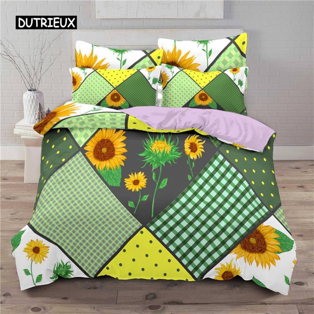 Duvet Cover Sunflower Yellow Flower Bedding Set Farmhouse Green Leaves Floral Quilt Cover for Women Girl Bedroom Decorations