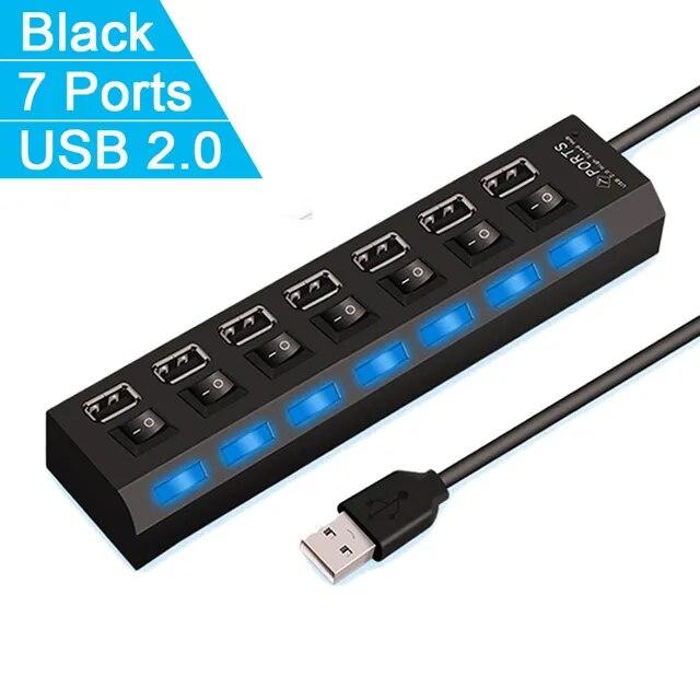 

Высокоскоростной адаптер USB HUB 2.0 с 4/7 портами, расширитель, мульти-USB-сплиттер, несколько удлинителей со светодиодным переключателем лампы для ПК, ноутбука