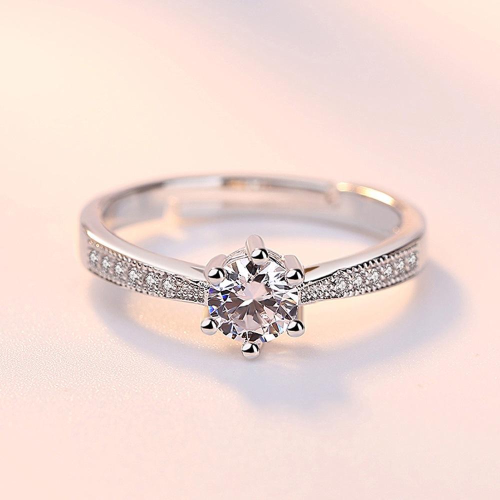 925 Sterling Silver Fashion Light Luxury Six-claw Round Zircon Ring Birthday Party Anniversary Gift