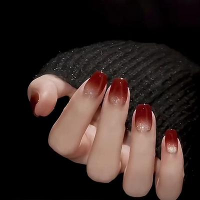 Burgundy Gradual Change Cat Eye Wear Nail Fake Nail Nail Nail Piece Nail Piece Autumn and Winter Nail Piece New 24 Pieces