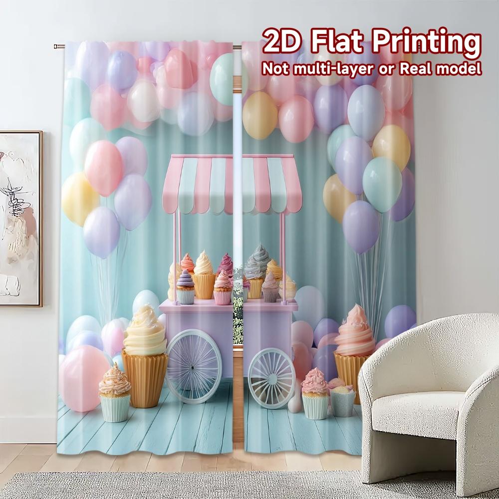 2pcs, 2D FLAT PRINTING Curtains (Without Rod) Sweet Pastel Cart Modern Creative Curtains Prints Light Filtering Curtains Home