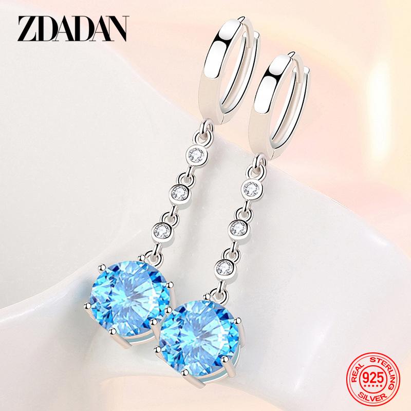 925 Sterling Silver Blue Crystal Long Drop Earrings for Women Fashion Wedding Jewelry Gifts