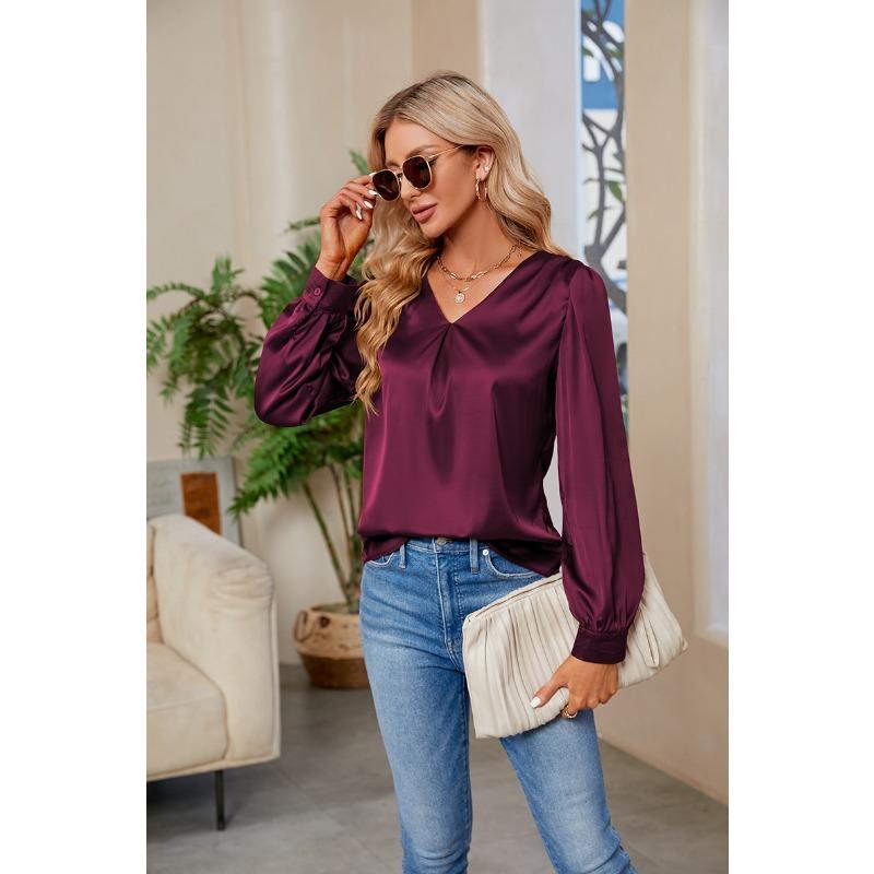 Spring and Autumn Women's Shirts Pleated Long Sleeve Tops V-Neck Blouse