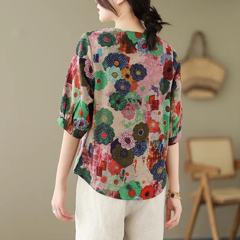 Cotton and Linen Printed Shirt, Round Neck, Short-sleeved T-shirt, Women's Loose Mother's Wear