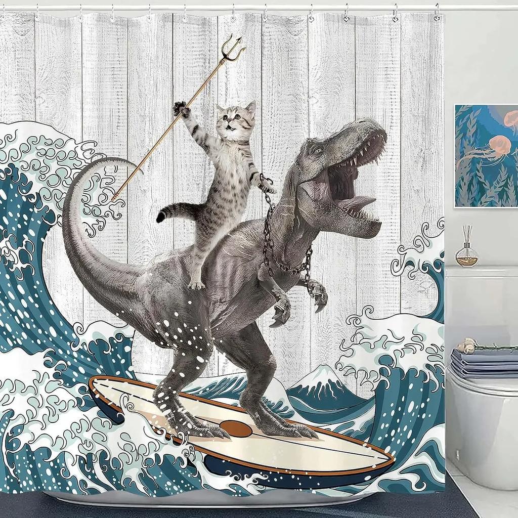Lustiger Duschvorhang Tapfere Katze Cartoon Duschvorhang Wellen Ozean Dekor Stoff Duschvorhang Set mit Haken Badezimmerdekoration
