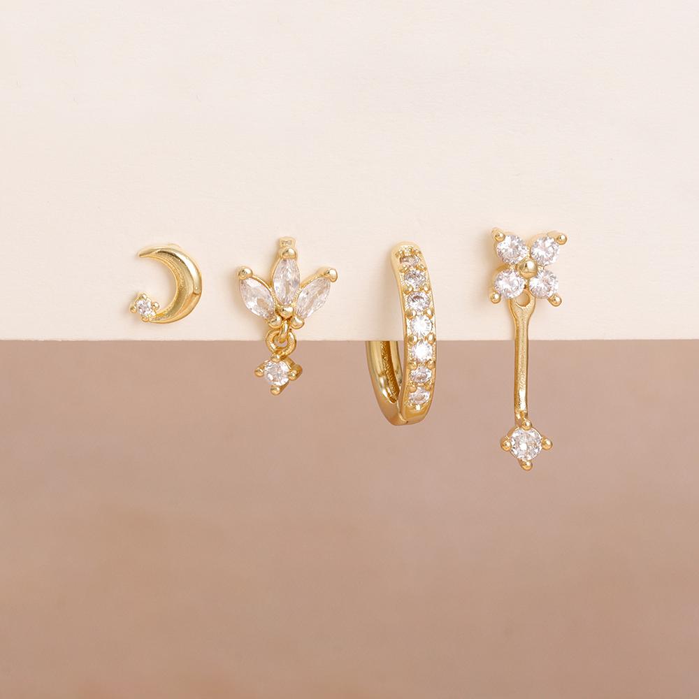 4PCS Zircon Star Moon Flower Small Hoop Earrings Set For Women Stainless Steel Huggies Pendant Piercing Earrings Jewelry Aretes
