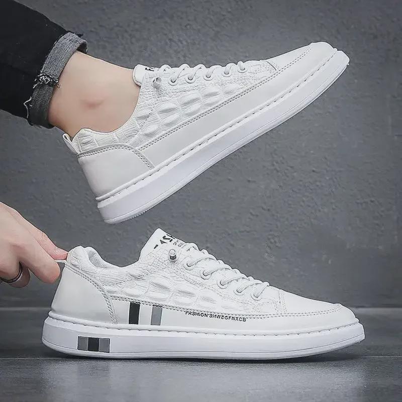 White Crocodile Pattern Leather Sneakers for Men - 2021 Autumn Casual, Versatile, and Non-Slip Soft Sole Shoes.