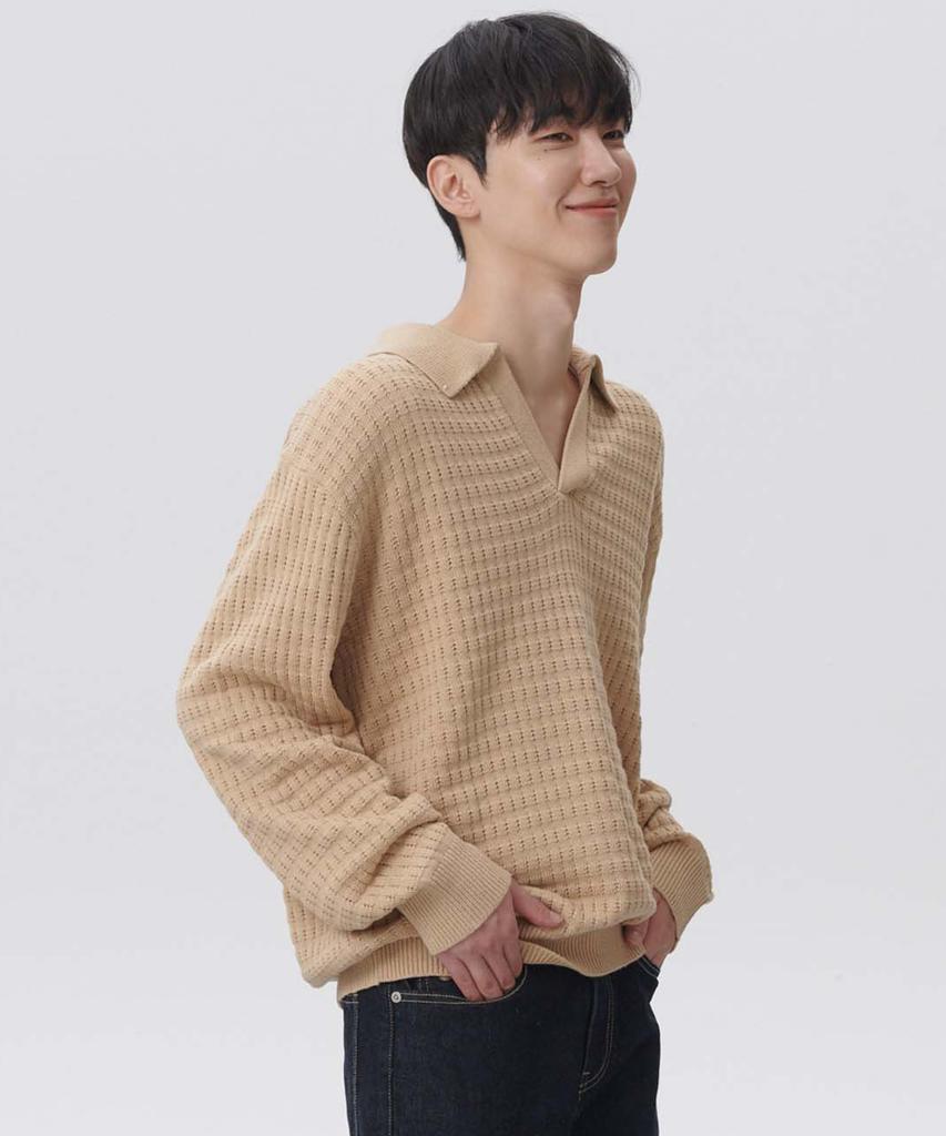 PLAC Waffle Long Sleeve Collared Knit Beige