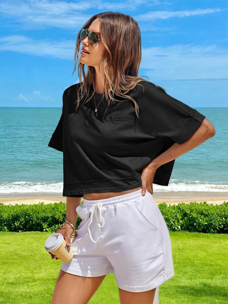 Womens Oversized Crop T Shirt Short Sleeve Workout Tee With Side Pockets