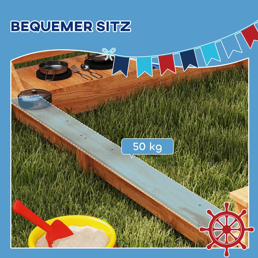 Sandbox with Sun Canopy, Pirate Ship, Incl. Children's Kitchen Play Set, Solid Wood, 180 X 103 X 144.5 Cm, Green