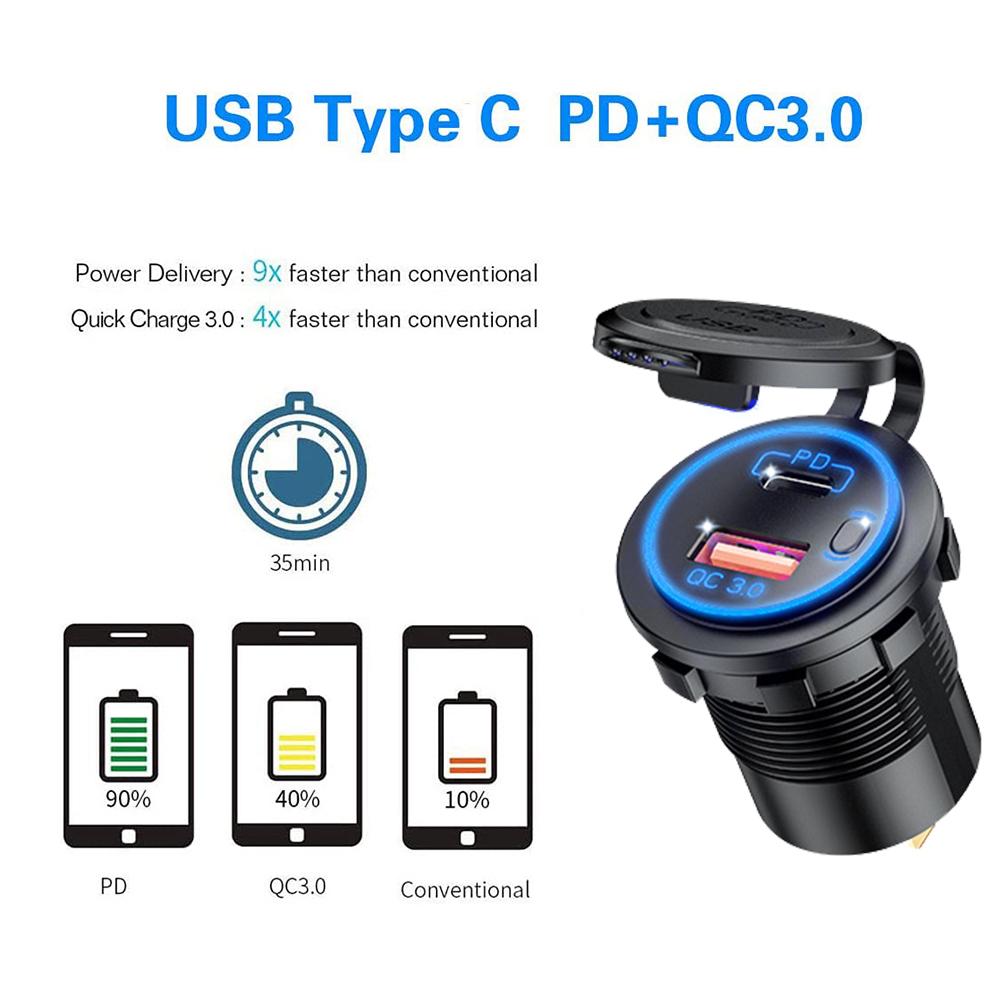 60W Quick Charge Car Charger QC3.0 USB+PD Type C Port Cigarette Lighter Socket Voltmeter Auto Power Adapter for 12V/24V Vehicle