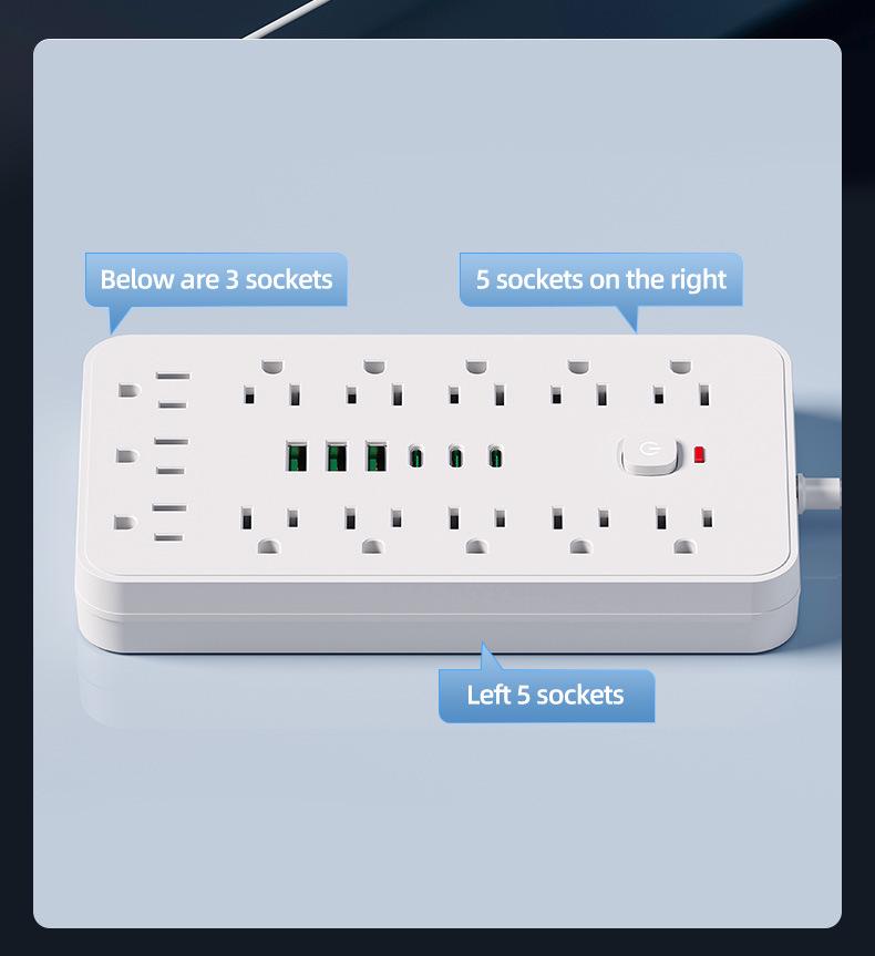 19-in-1 Multifunctional Power Strip with 3 USB Ports and US Plug Adapter for Mexico, Taiwan, Canada
