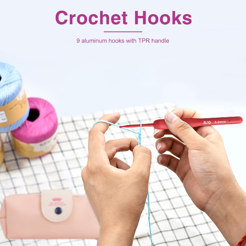 Set di 9 uncinetti ergonomici in alluminio 2,0-6,0 mm e ferri da maglia per filato per la mamma