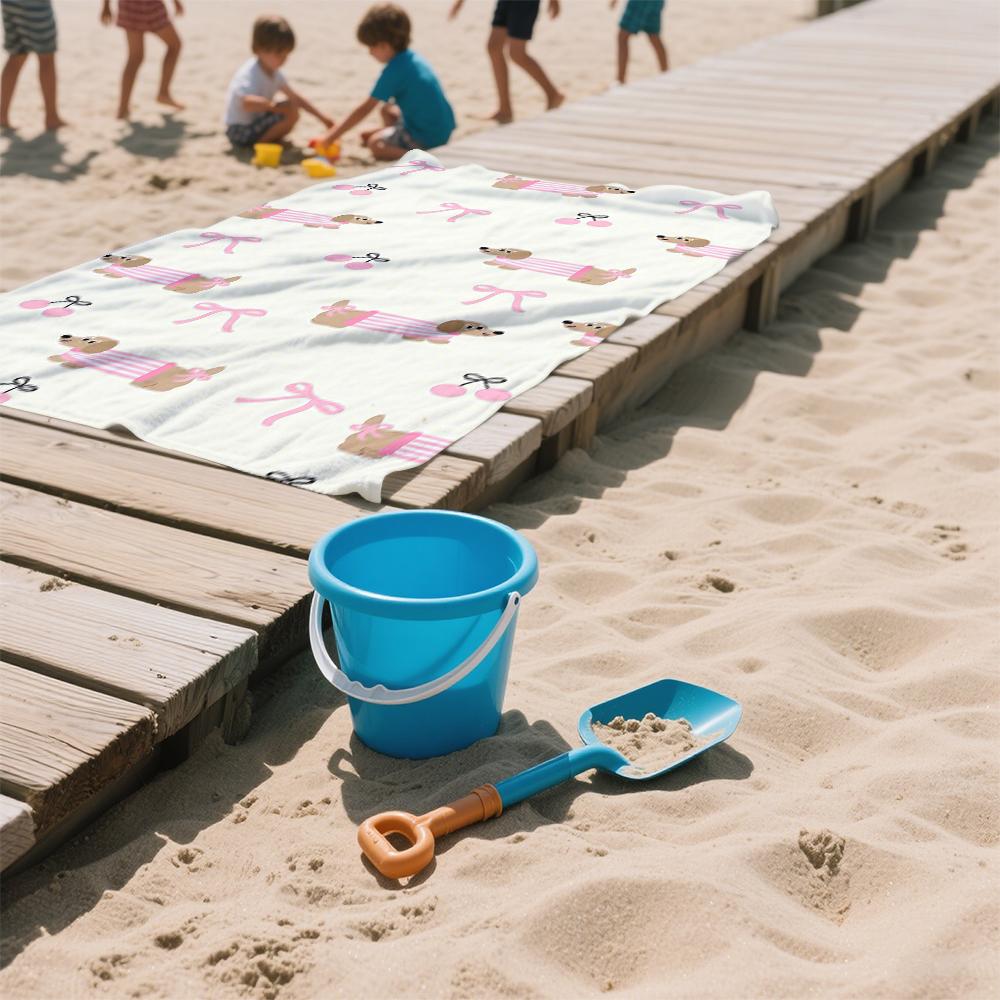 Pink Dachshund & Cherry Print Oversized Microfiber Beach Towel Sand Proof Quick Dry, Absorbent for Swimming Pool Travel Camping